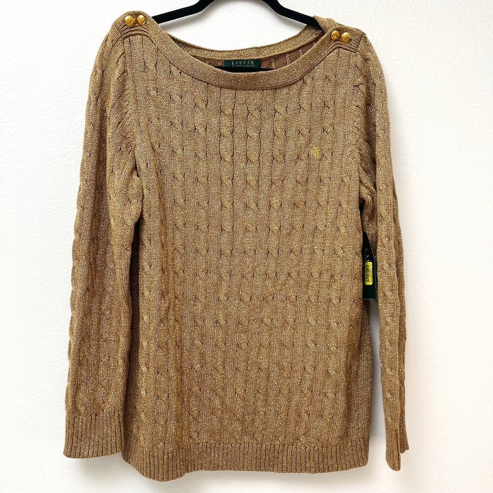 NWT Lauren Ralph Lauren Gold Metallic Cable Knit Sweater Holiday Gold Buttons 1X